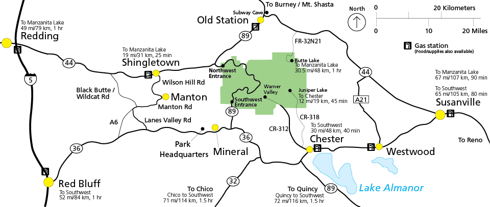 Map of roads around the park including road names, towns, gas stations, and distances and times to park entrances.