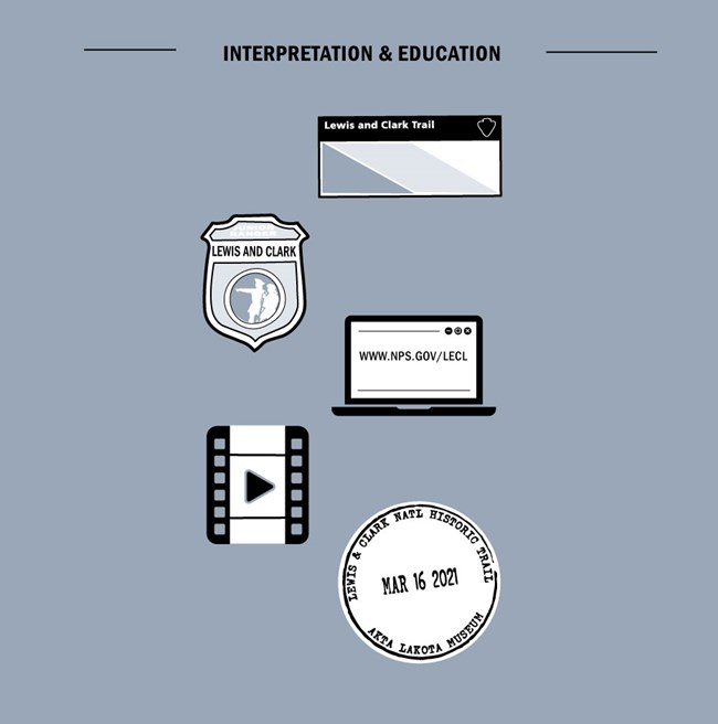 Interpretation and Education. Simple drawings of Lewis and Clark Trail Brochure. Junior Ranger Badge. laptop that reads www.nps.gov/lecl. Film reel. Date stamp reads Lewis and Clark Trail Akta Lakota Museum