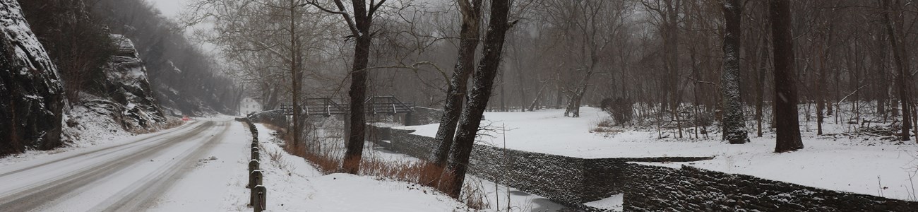 34 West Virginia Gateways Header Snow covers the road and nearby canal.