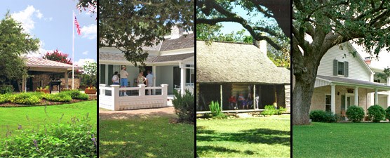 (l-r) Visitor Center, Boyhood Home, Johnson Cabin, Texas White House