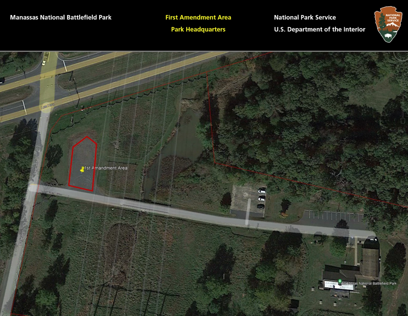 First Amendment Area- HQ A map of the Park Headquarters Area with a red polygon around the prescribed First Amendment Area.