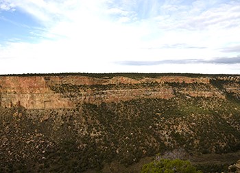 View across a canyon with red colored cliff face of stone high above canyon floor.