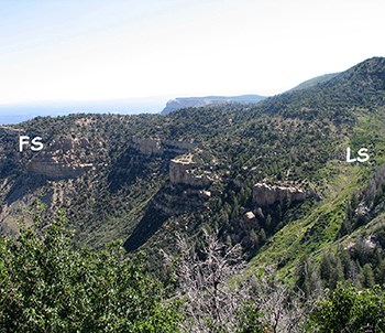 Looking across a canyon at the slanted side of a tree and shrub covered hill. Two sections of text on the far-right and far-left note the location of a fault scarp and the scene of a landslide scar.