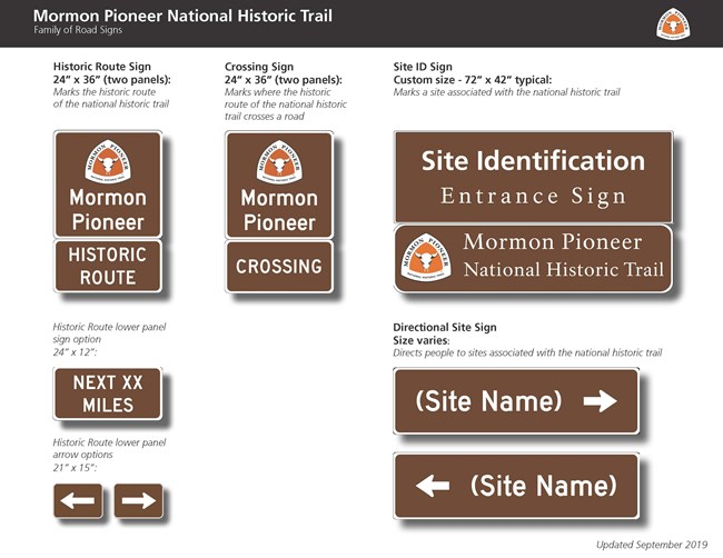 A group of signs that indicate the presence of the Mormon Pioneer Trail.