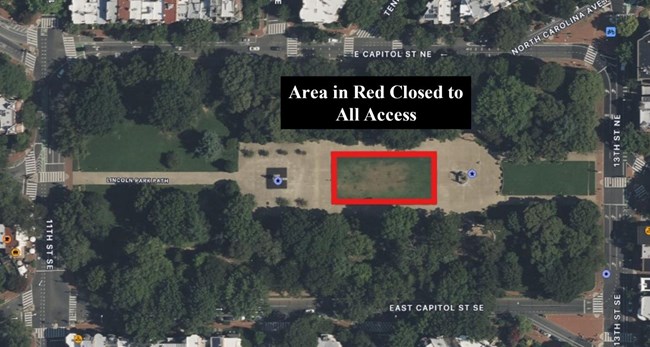 Aerial view of the center turf panel closure outlined in red at Lincoln Park