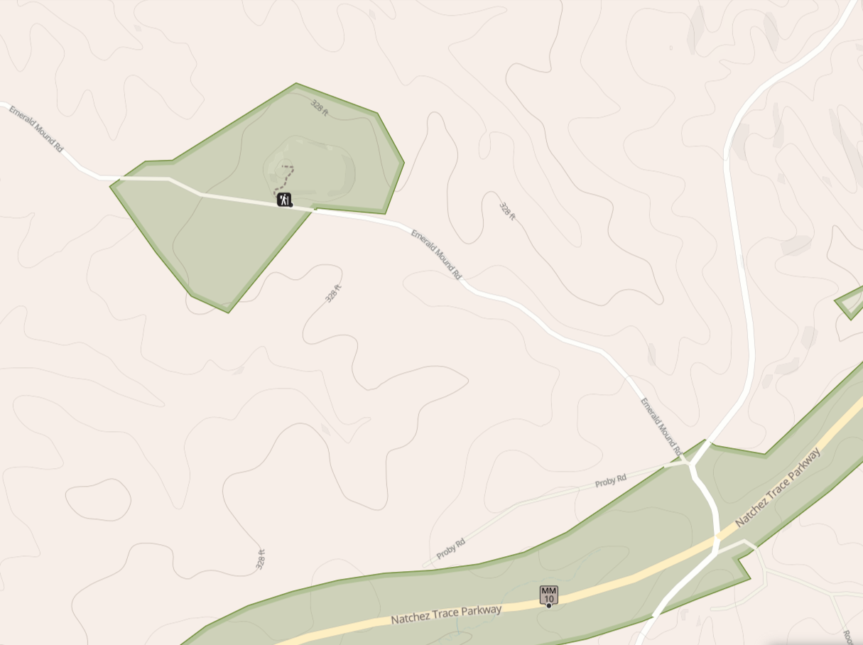 A graphic map showing a road leading west off of the Parkway to an area labeled Emerald Mound.