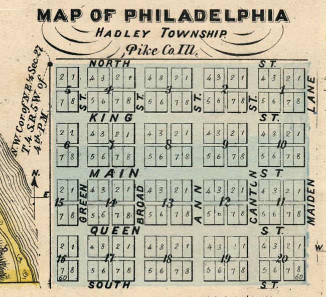 Graphic showing a grid of 20 groups of plots in a large square. Each group is comprised of several sub-plots ranging in number from eight to four. The names of streets are written between each group.