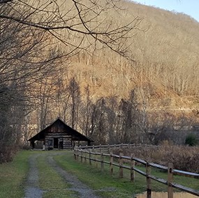 old chestnut log barn and farm field