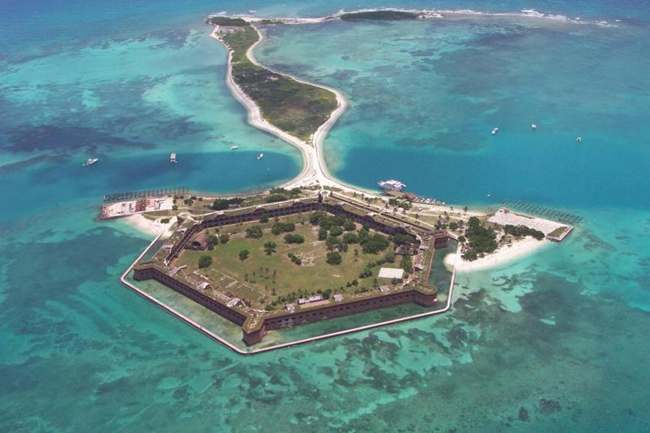 Aerial view looking east at Fort Jefferson, Garden Key, and Bush Key at Dry Tortugas National Park Aerial view looking east at Fort Jefferson, Garden Key, and Bush Key at Dry Tortugas National Park