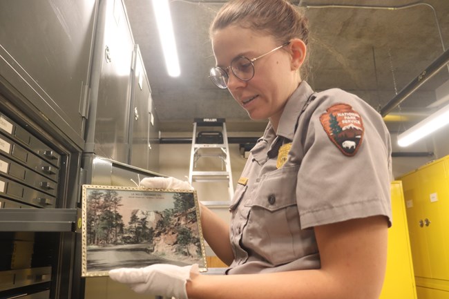 A woman wearing a gray shirt and white gloves holds up an old, framed advertisement in the museum archives.