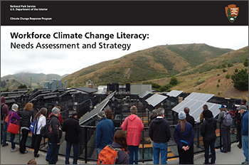 Cover of report, showing group of people standing in front of solar panels