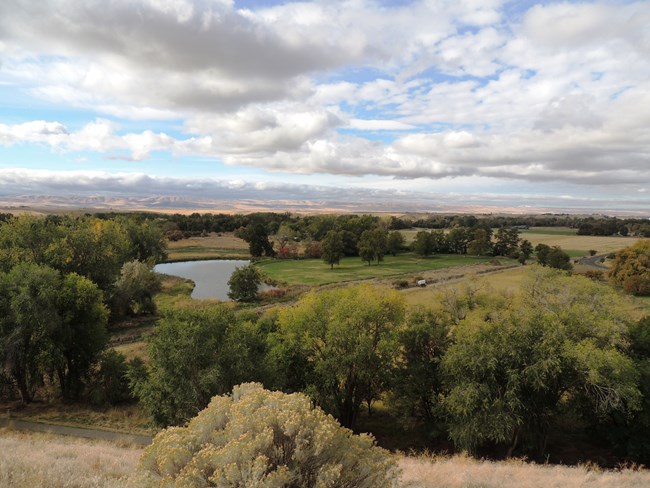 Green landscape filled with green trees, a small lake, and a cloudy blue sky.