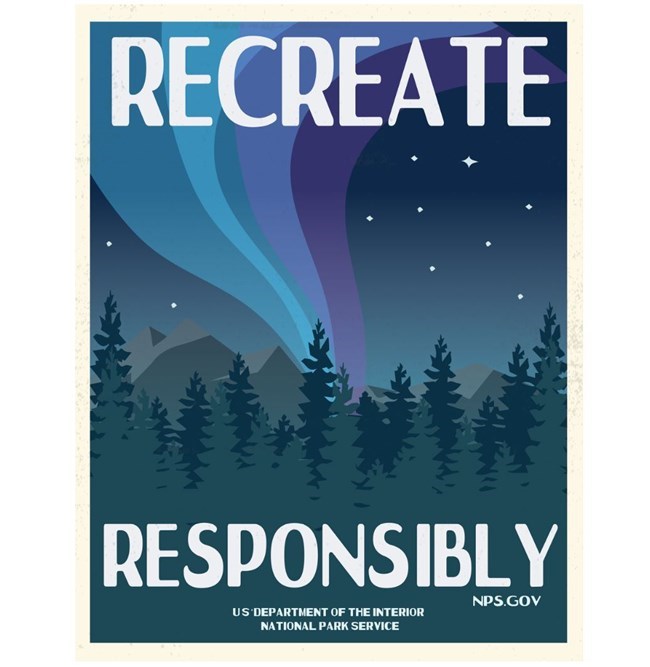 Winter-Rec-Resp-NPS-Matt-Turner Illustration of the northern lights over a forest at night with text reading "Recreate Responsibly"