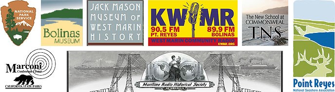 A collage of the National Park Service arrowhead and the logos for Bolinas Museum, the Jack Mason Museum, KWMR, the New School at Commonweal, the Marconi Conference Center, the Maritime Radio Historical Society, and Point Reyes National Seashore Assoc.