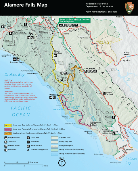 A map of the southern district of Point Reyes National Seashore with more commonly used routes to hike to Alamere Falls highlighted. [Click on this image to download a 5.1 MB PDF version of this map.]