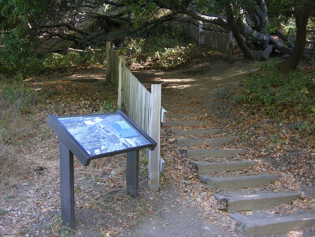 A wooden fence ascends a hill a short distance before abruptly ending. 16 feet to the south of the end of the fence, a second section of fence continues up the hill.