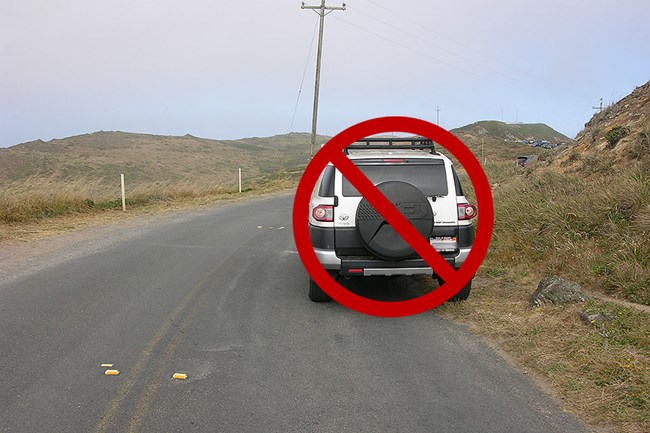 A silver Toyota FJ Cruiser parked on a narrow road blocking most of one lane.