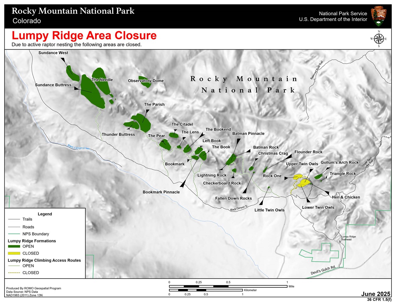 Map of Lumpy Ridge showing closure areas for raptor nesting.