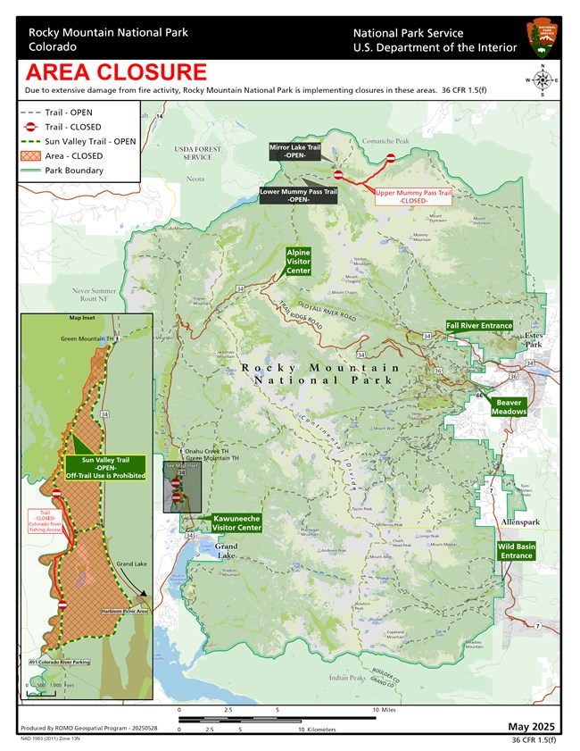 Map of RMNP showing area closures in RMNP, including an area in the Kawuneeche Valley