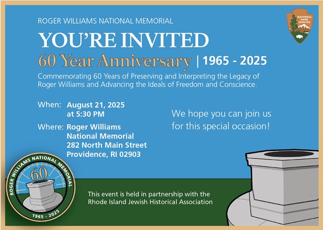 A card shaped, blue, gold, and grey image of a well and text of invitation