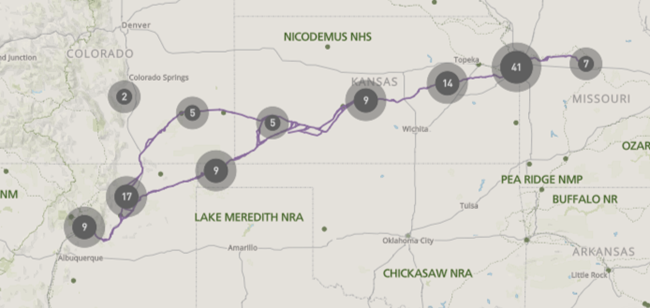 A map of Kansas area with a trail depicted.