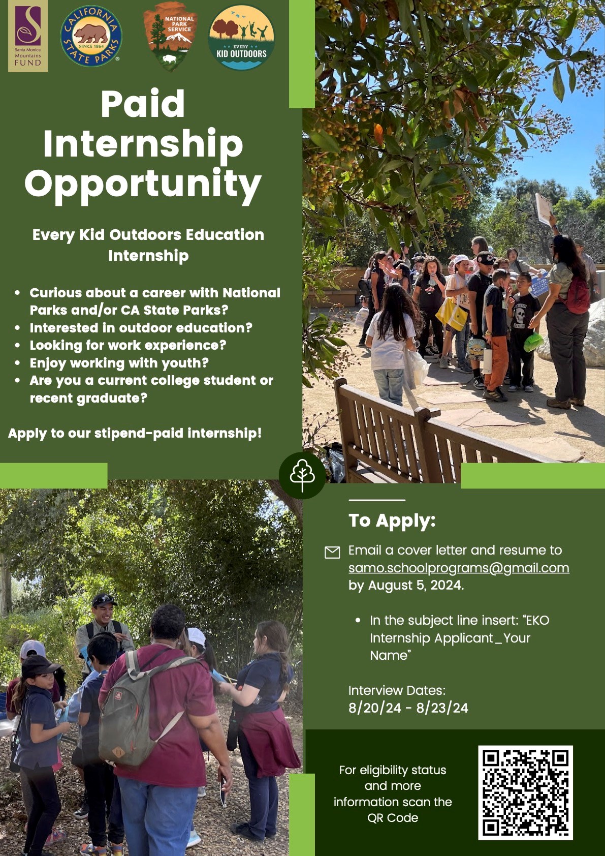 A green flyer titled Paid internship Opportunity shares the Every kid Outdoors Education Internship opportunity.