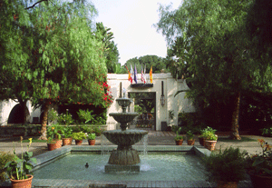 Inside the River Center a fountain greets you in a large courtyard.