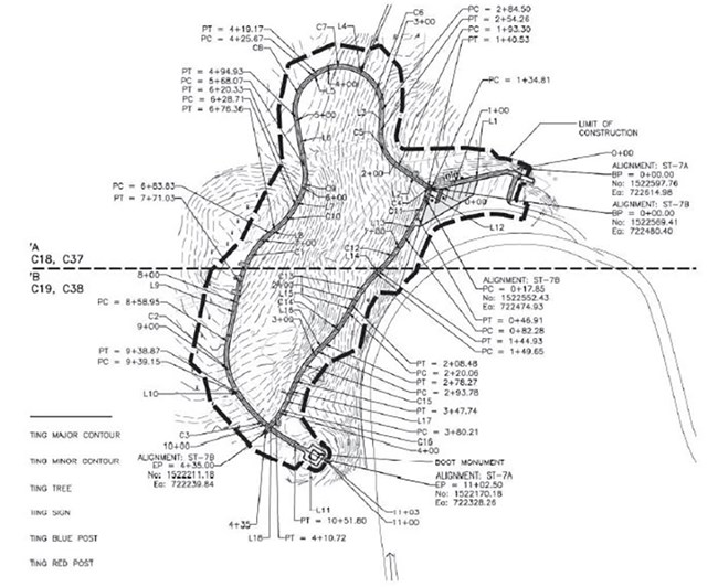 Technical drawing showing the new layout of paths and signage at tour stop seven