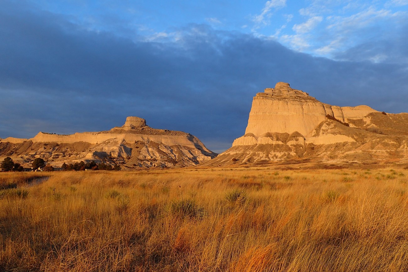 Unique rock formations are bathed in the glow of morning light.