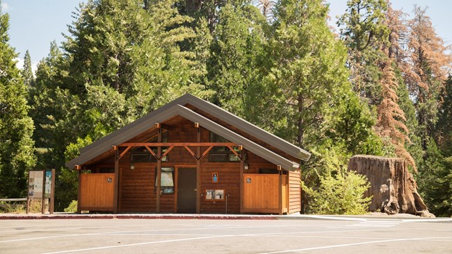 A bathroom building around the Big Stump Picnic Area.