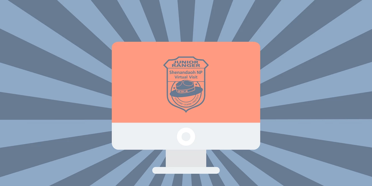 A graphic of a computer with a virtual junior ranger badge on it and sun rays behind it.
