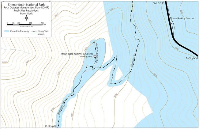 Map of areas closed to camping near Marys Rock.