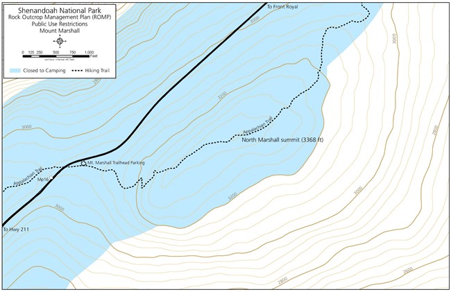 Map of closed to camping areas near Mount Marshall