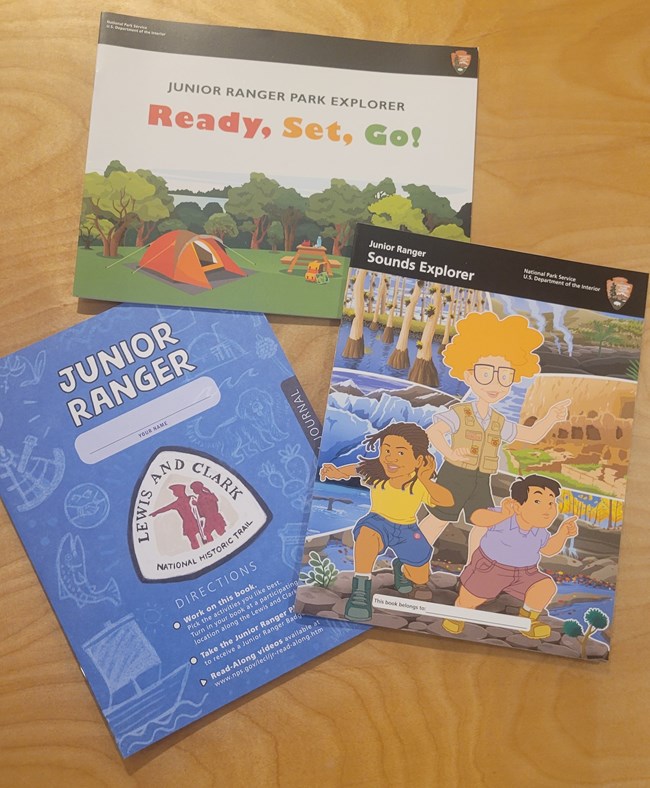 Lewis and Clark Junior Ranger, Sound Explorer and Junior Ranger Park Explorer books on desk