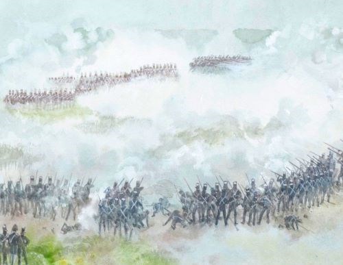 Illustration of an aerial view of a battle, with smoke covering most of the land.