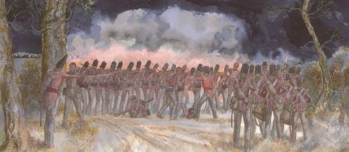 An illustration of a nighttime battle scene.