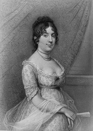 Black and white illustration of Dolley Madison.