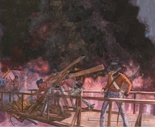 Illustration of British troops destroying a wooden structure while a fire burns in the background.