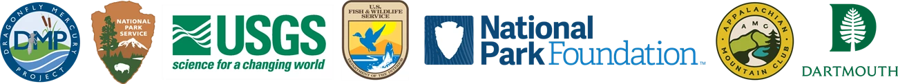 Logos left to right: Dragonfly Mercury Project, NPS, USGS, National Park Foundation, Appalachian Mountain Club, Dartmouth College, USFWS