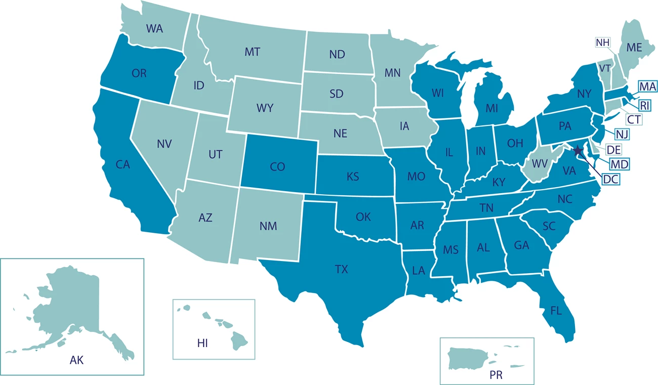 Map of US states and Puerto Rico highlighting states with AACRN members