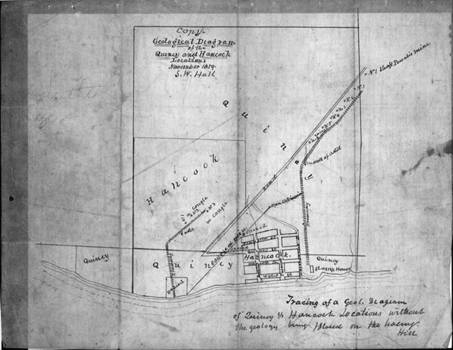 Tracing of a geological diagram of Quincy and Hancock, 1859 Hand drawing of a diagram showing Quincy and Hancock, including streets, rail, some structures, and mining features, November 1859.