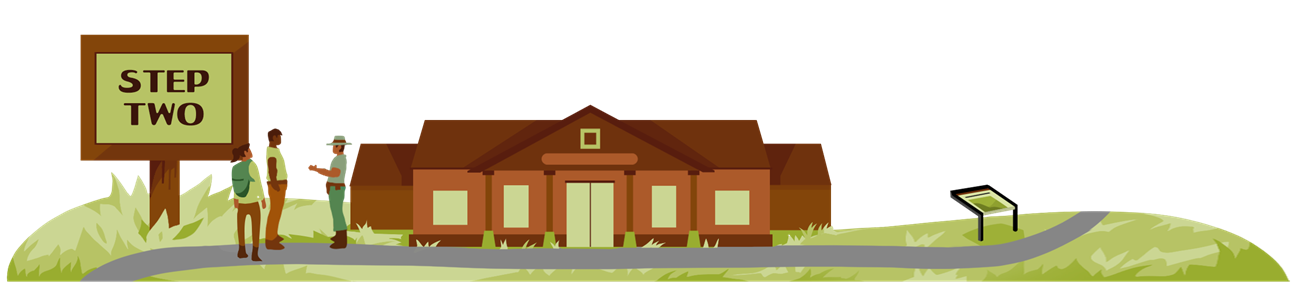 A graphic of two visitors talking to a park ranger at a visitor center. On the left, a sign reads "Step Two."