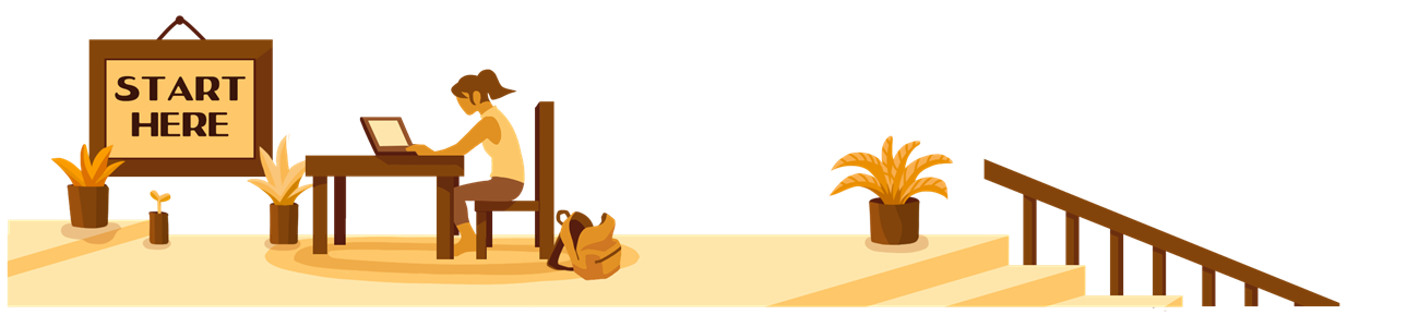 A graphic of a visitor at home sitting at a desk using a laptop computer. On the left, a sign reads "Start Here." To the visitor's right, an open backpack is next to the visitor.