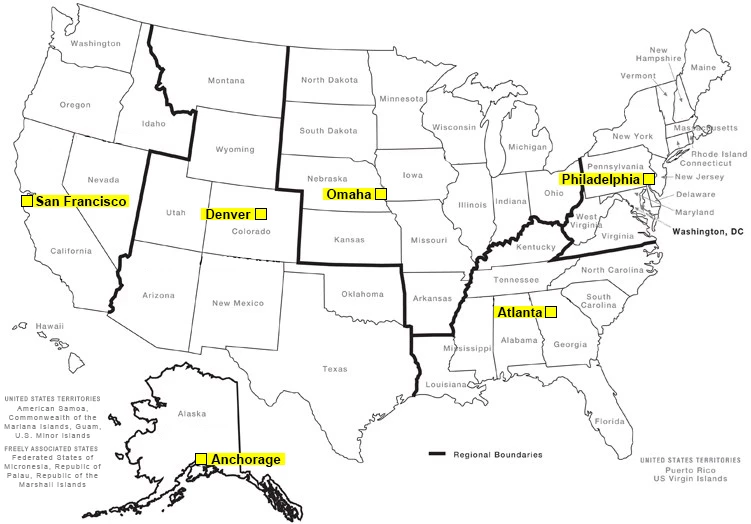map of U.S. states with NPS regional offices marked