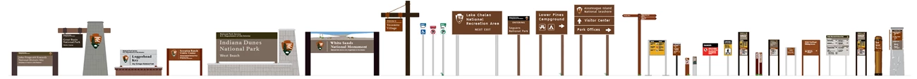 Long Sign Sample A digital drawing of an assortment of more than 25 NPS signs in all shapes and sizes.