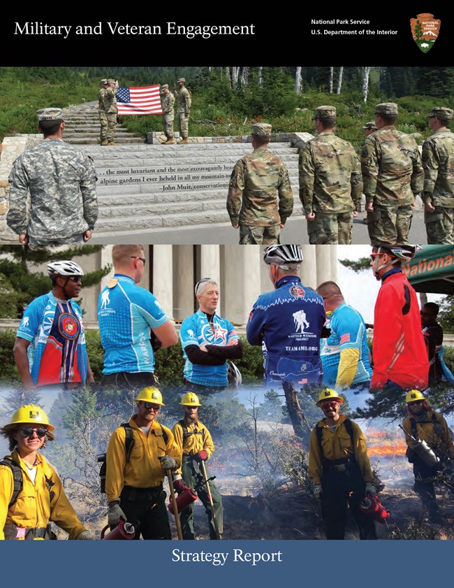 Cover with black band at the top, arrowhead to the right, the words National Park Service and U.S. Department of the Interior to the left. At the far left is the document title Military and Veteran Engagement. At the bottom are the words Strategy Report.