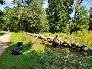 woman kneeling next to an old stone wall. Behind is a forest.