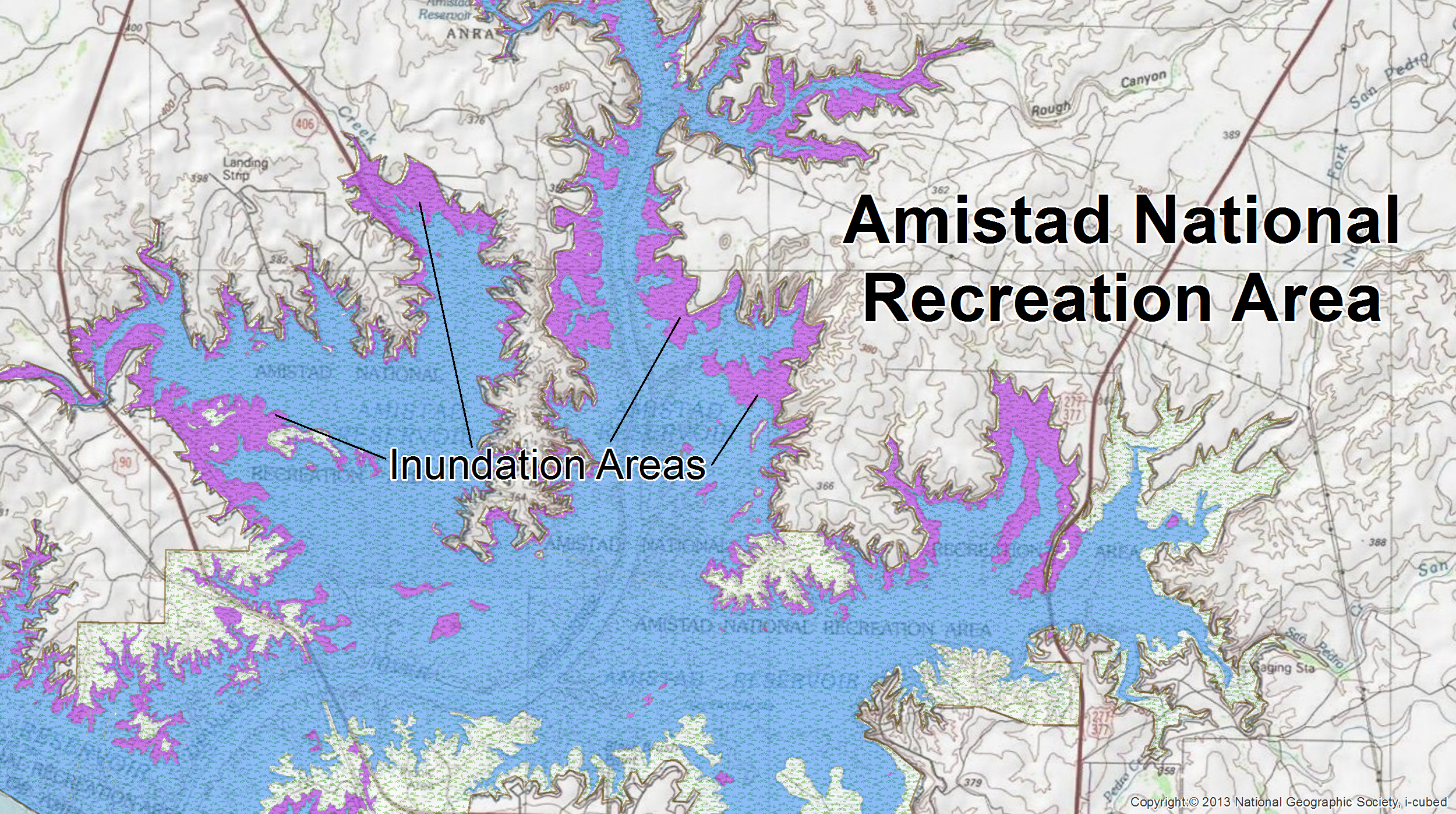 lt= The purple polygon represents the NHDArea depiction of inundation areas surrounding the Amistad Reservoir.