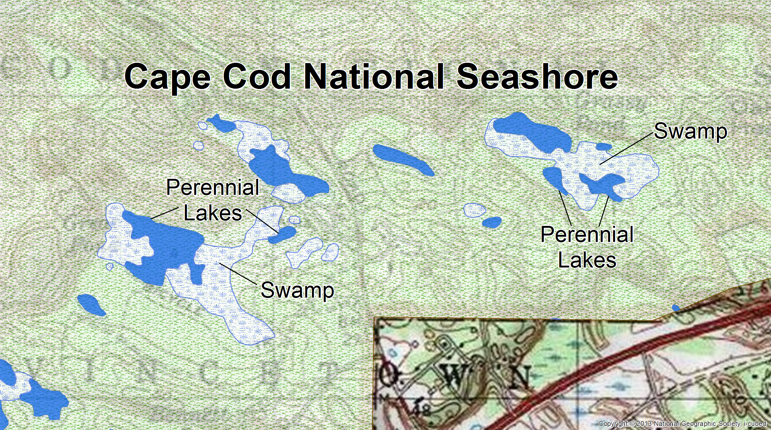 In the case of Cape Cod National Seashore, each blue polygon represents a pond identified by NHD. Since the number of lakes within marshy areas is bound to vary, each polygon was counted as a lake.