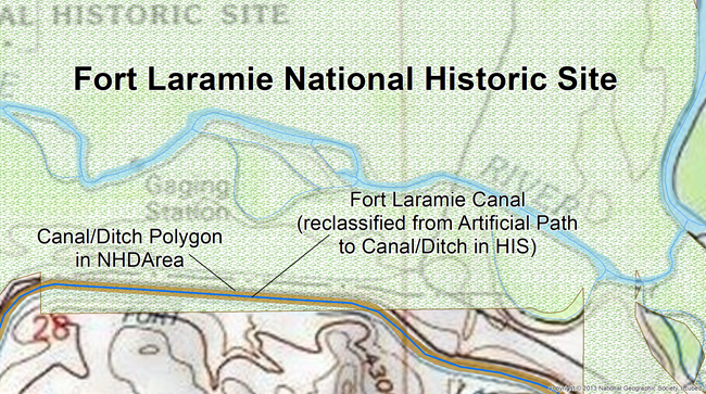 A canal runs through the southern portion of Fort Laramie National Historic Site. The artificial path (blue) that represents the Fort Laramie Canal was reclassified as a canal to obtain the appropriate canal mileage.